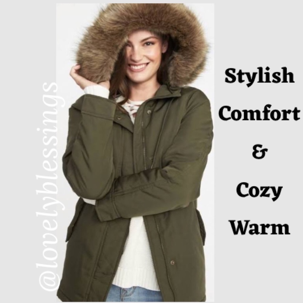 Fur Trim Hooded Winter Coat Olive Green Khaki Parka Bomber Utility Jacket
